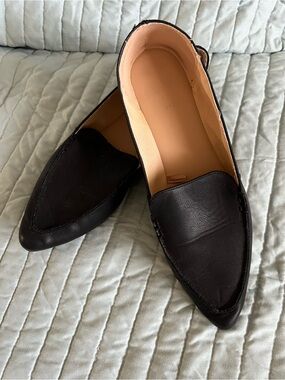 Express Black Pointed Leather Slip-On Flats with Tan Insole